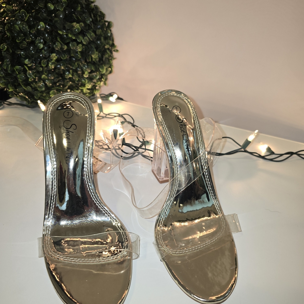 Stylish Gold Heels with Clear Straps